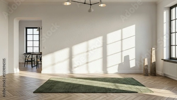 Obraz Minimalist modern apartment with white wall, green rug, wooden floor, and natural light. Empty cosy living space with dining area in background. Clean Scandinavian interior design.