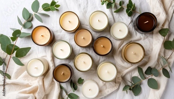 Obraz Beautiful flat lay of aromatherapy candles surrounded by eucalyptus leaves on linen fabric