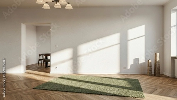 Obraz Minimalist modern apartment with white wall, green rug, wooden floor, and natural light. Empty cosy living space with dining area in background. Clean Scandinavian interior design.