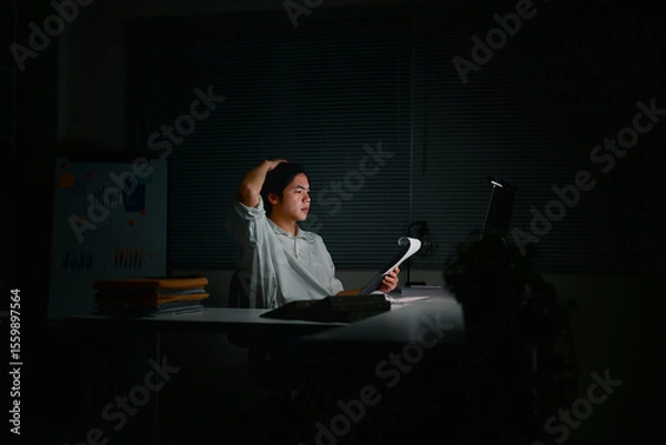 Fototapeta Tired office worker struggling with project during late hours