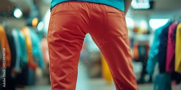 Fototapeta A person is standing in a store with orange pants