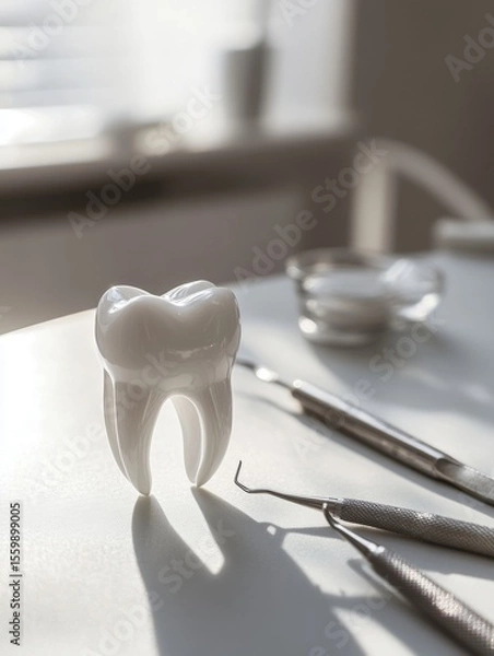 Fototapeta A toothbrush and a pair of dental tools are on a table