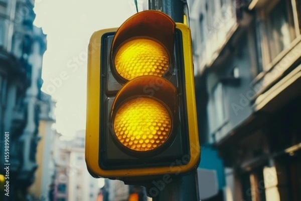 Fototapeta A yellow traffic light with a red light on the top