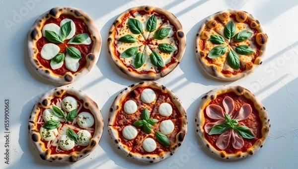 Fototapeta Six varieties of pizza featured on the menu, embodying the essence of Italian cuisine isolated on the white background