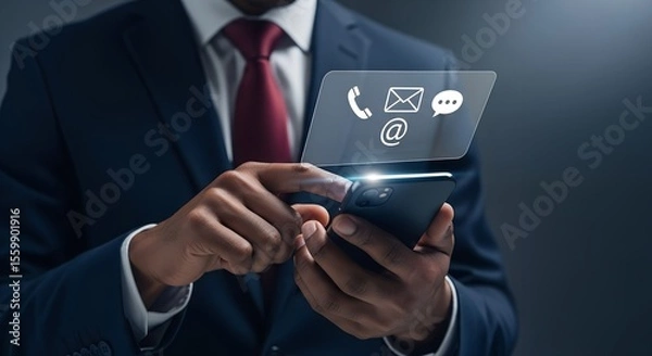 Fototapeta Businessman using smartphone with holographic contact icons mobile technology