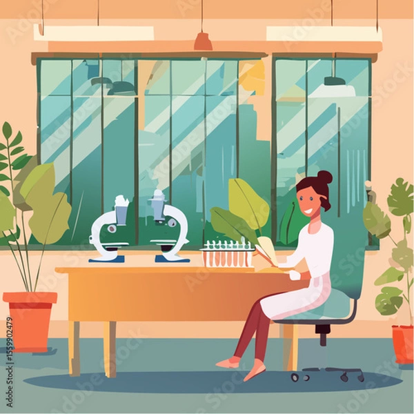 Fototapeta scene of a biology classroom with microscope, plants, cells under observation