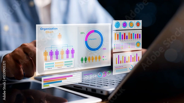 Fototapeta Digital organization chart with team structure, gender distribution pie chart, and colorful data graphs floating over laptop. Concept of business analytics and HR management.