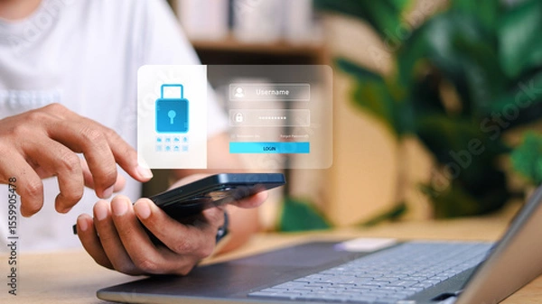 Fototapeta Close-up of a man using smartphone with virtual password input and login button. Concept of secure mobile authentication, user access control, and cybersecurity protection.