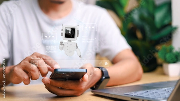 Fototapeta Futuristic AI chatbot assistant on smartphone screen, showing virtual interface with robot and chat bubbles. Concept of smart communication, technology, and virtual support.
