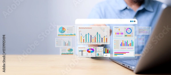Fototapeta Marketer using digital marketing dashboard with charts, pie graphs, organization chart, and performance data. Concept of business analytics and strategic planning.