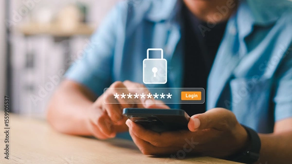 Fototapeta Close-up of a man using smartphone with virtual password input and login button. Concept of secure mobile authentication, user access control, and cybersecurity protection.