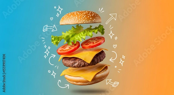 Obraz Deconstructed cheeseburger with ingredients by floating.