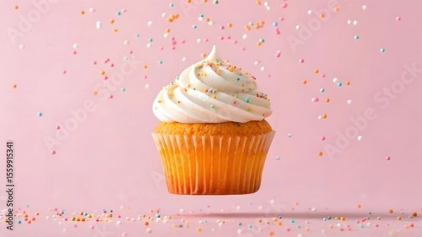 Fototapeta A delicious vanilla cupcake with swirled white frosting and colorful sprinkles