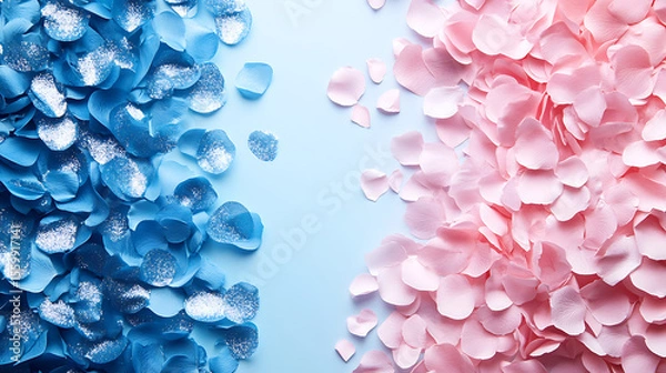 Obraz Gender reveal concept pink and blue rose petals with glitter on soft blue background elegant and delicate