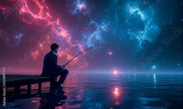 Fototapeta Businessman fishing for glowing stars in cosmic sea, this concept is about finding big ideas and new business opportunities