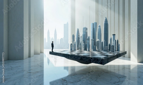 Fototapeta Real estate developer on floating chessboard with skyscraper chess pieces, this concept is for urban development and property investment
