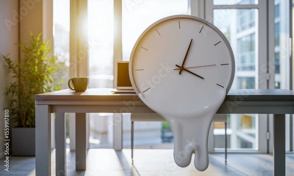 Fototapeta Melting wall clock on office desk, this surreal business concept shows intense time pressure and approaching project deadlines