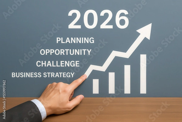 Fototapeta Businessman pointing at business strategy chart for 2026, this concept shows corporate planning, future opportunity, and overcoming challenges
