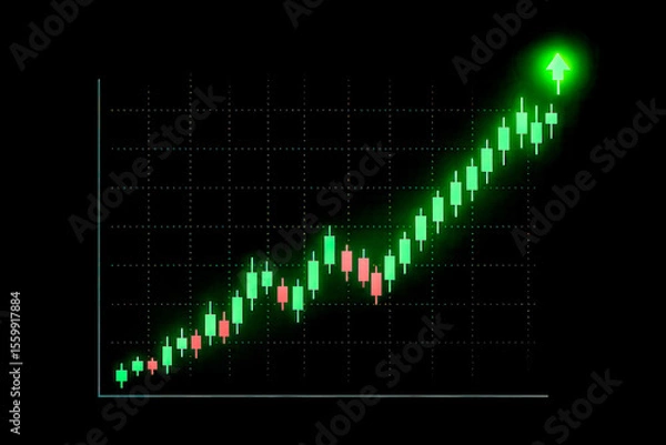 Fototapeta Bullish stock market candlestick chart with glowing green arrow, this concept shows great financial growth and peak investment performance