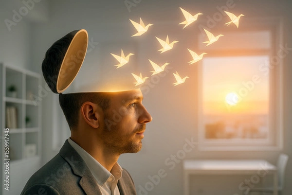 Fototapeta Man with his head open, releasing flock of origami paper birds, this beautiful concept shows creative thinking and amazing mental freedom