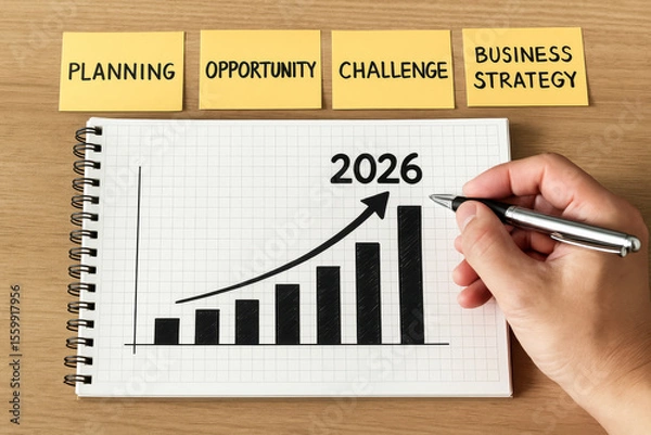 Fototapeta Man drawing growth chart for 2026 business strategy, this planning concept shows opportunity, goals, and overcoming future challenges