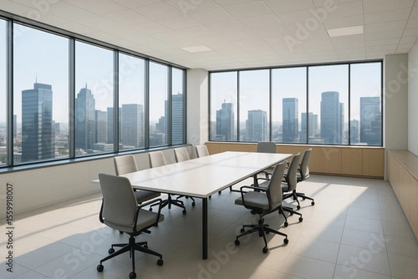 Fototapeta conference room featuring white rectangular table, neutral swivel chairs, panoramic windows overlooking downtown skyline, daylight fostering creative corporate planning