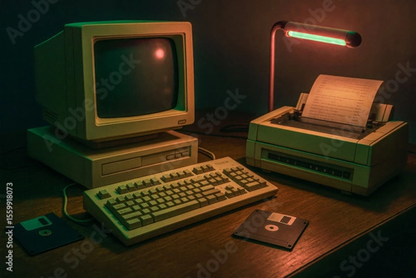 Fototapeta Vintage personal computer setup idle blank screen dot matrix printer prints data under cyberpunk red green lamp atmospheric late hours