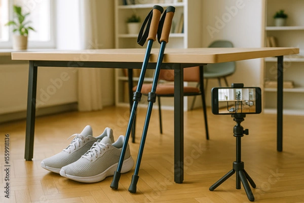Fototapeta Healthy lifestyle blogger prepares walking poles beside fresh grey sneakers and smartphone tripod for recording motivational indoor fitness video session