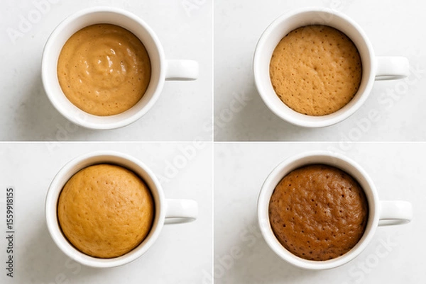 Fototapeta Four frame image chronicles homemade mug cake journey from raw batter to light airy browned sponge inside classic handle cup