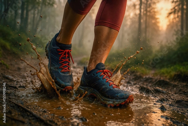Fototapeta Woman conquers muddy forest trail at dawn, blue shoes with red laces splashing water, showcasing fearless spirit and personal growth