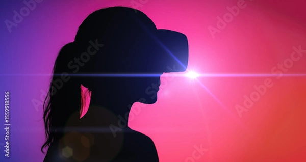 Fototapeta Woman silhouette with VR visor gazes into glowing pink universe. inclusive future of virtual social connection technology