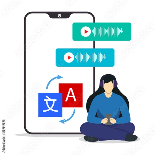 Obraz A woman using laptop and earphones to hearing online translation language. 