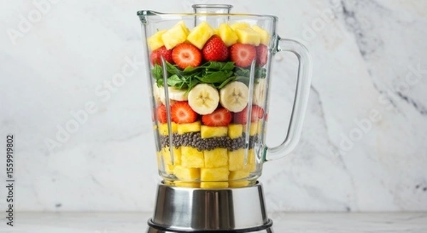 Obraz glass blender filled with fresh smoothie ingredients including strawberries, bananas, pineapple chunks, and green vegetables.