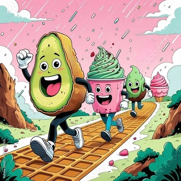 Fototapeta Running Avocado and Ice Cream Characters Race