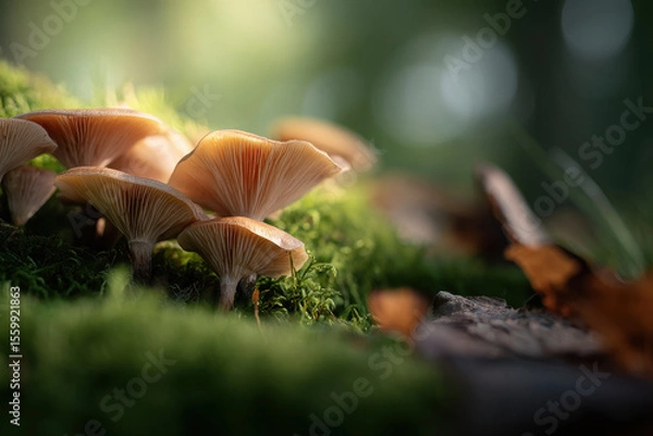 Fototapeta serene forest scene featuring various mushrooms nestled in soft dappled light of woods