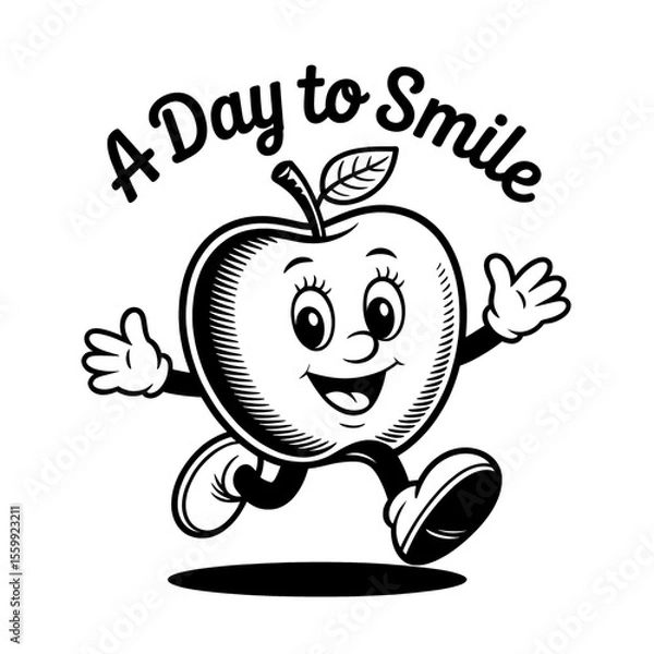 Fototapeta Cheerful cartoon apple character running happily with arms outstretched in a playful manner