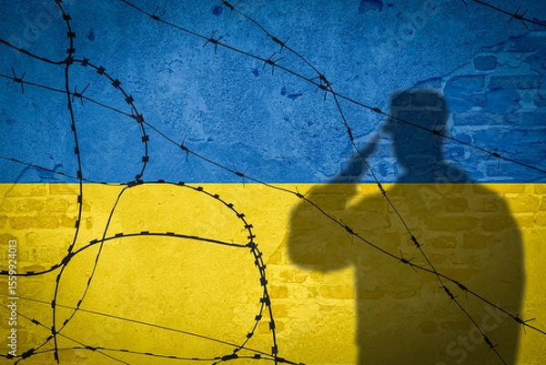 Fototapeta Conceptual image of war between Russia and Ukraine with shadow of soldier against wall with flags