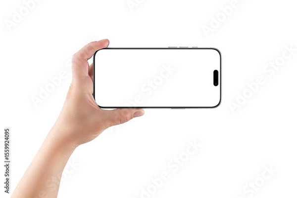 Fototapeta Female hand holding smartphone transparent in landscape orientation, perfect for fullscreen app mockups, video previews, or UI demonstrations