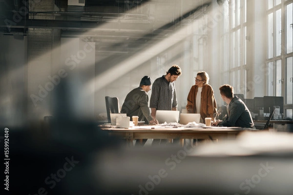 Fototapeta confident leader standing in bright office engaging with diverse team