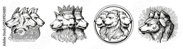 Obraz Unique Artwork of Hybrid Animal Heads in Classic Etching Style, vector illustration, engraving design, logo design set, black and white line