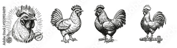 Obraz Vintage Illustrations of Roosters in Black and White Style, vector illustration, engraving design, logo design set, black and white line