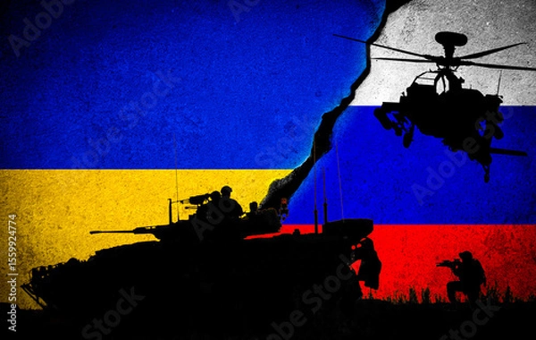 Fototapeta War between Russia and Ukraine with Silhouette tank and helicopter on cracked wall with national flag background