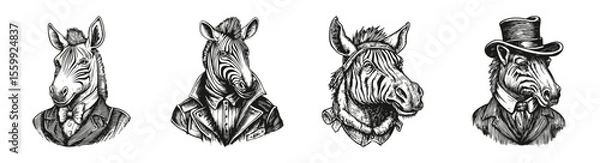 Obraz Vintage Zebra Illustrations in Distinctive Styles and Attires, vector illustration, engraving design, logo design set, black and white line