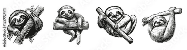 Obraz Adorable Sloths Illustrations in Vintage Style for Nature Lovers, vector illustration, engraving design, logo design set, black and white line