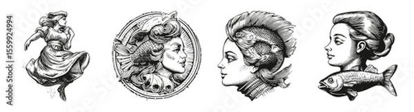 Obraz Vintage Illustrations of Women with Fish Elements in Stylish Designs, vector illustration, engraving design, logo design set, black and white line