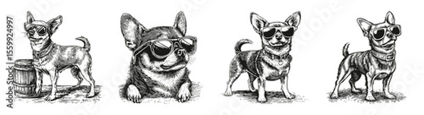 Obraz Stylish Chihuahuas in Sunglasses with Fun Accessories, vector illustration, engraving design, logo design set, black and white line