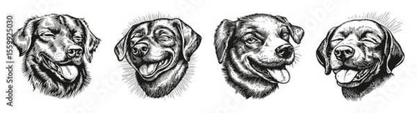 Obraz Illustrative of Happy Dog Faces in Engaging Black and White, vector illustration, engraving design, logo design set, black and white line