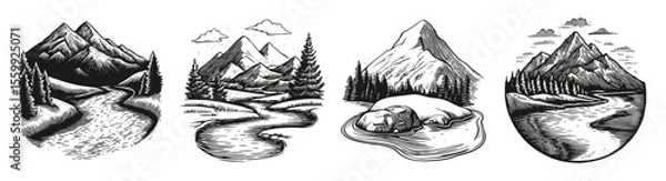 Obraz Serene Mountain Landscapes with River Illustrations in Black and White, vector illustration, engraving design, logo design set, black and white line