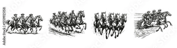Obraz Historical Horse Racing Illustrations in Vintage Black and White Style, vector illustration, engraving design, logo design set, black and white line