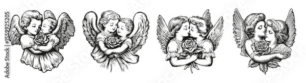 Obraz Vintage Cherubs Embracing with Roses in Classic Black and White Art, vector illustration, engraving design, logo design set, black and white line